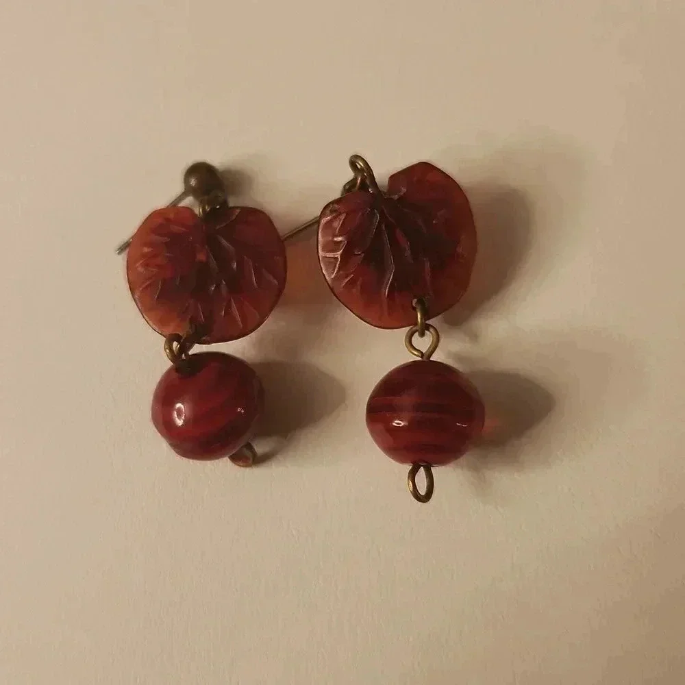 Red Stone and Bead Drop Earrings